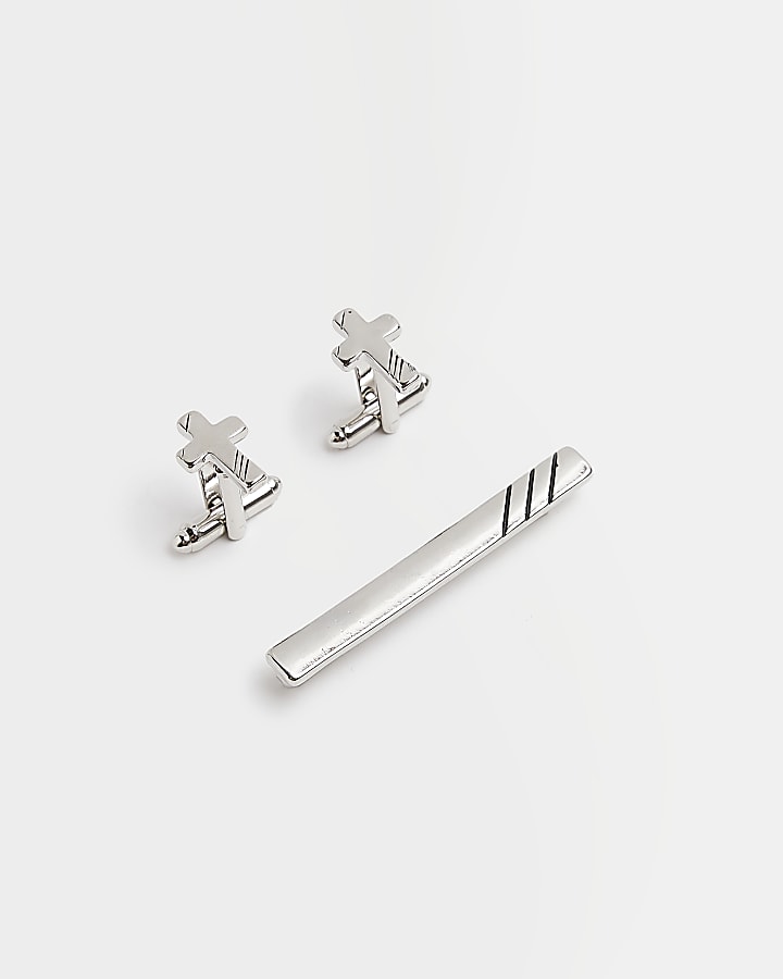 Silver colour Cufflinks and Tie Pin set