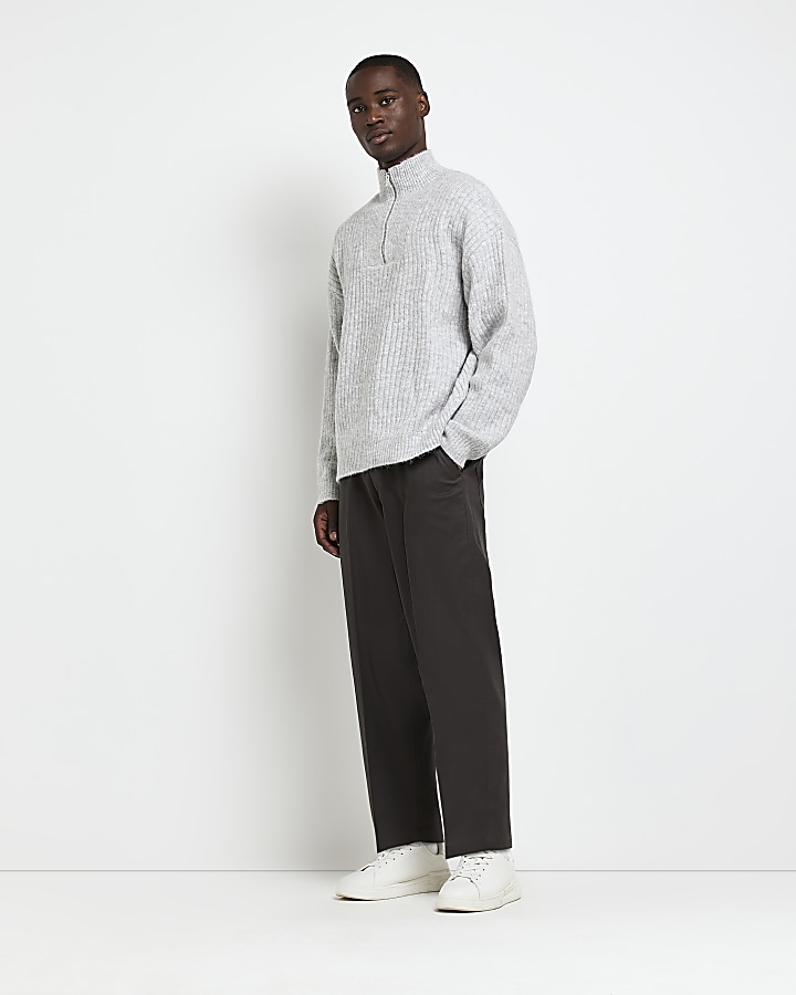 Grey Oversized Fit Ribbed Half Zip Jumper | River Island