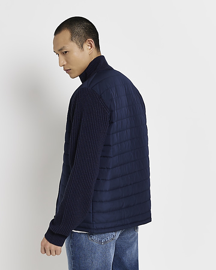 Navy regular fit quilted hybrid jumper River Island