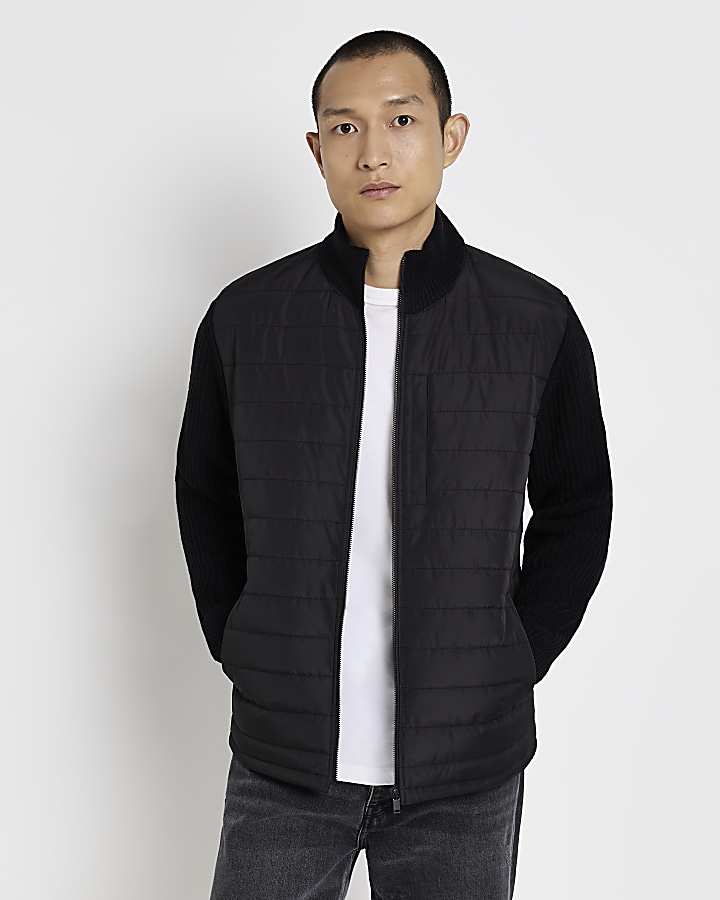 Black regular fit quilted zip up jacket