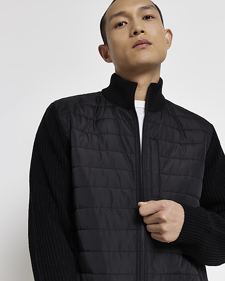 Black regular fit quilted zip up jacket