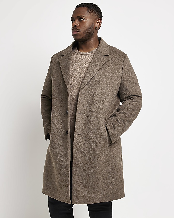 Big & Tall regular fit Brown Twill Overcoat | River Island