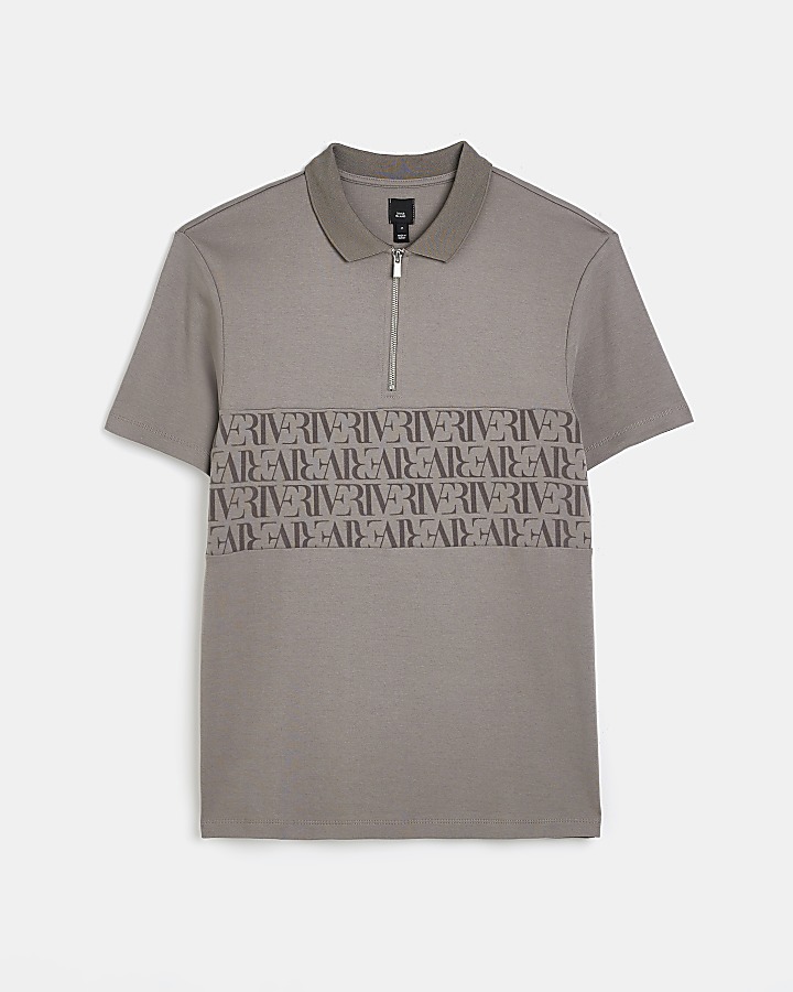 Grey slim fit monogram polo shirt