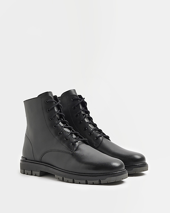 Black leather lace up ankle boots | River Island