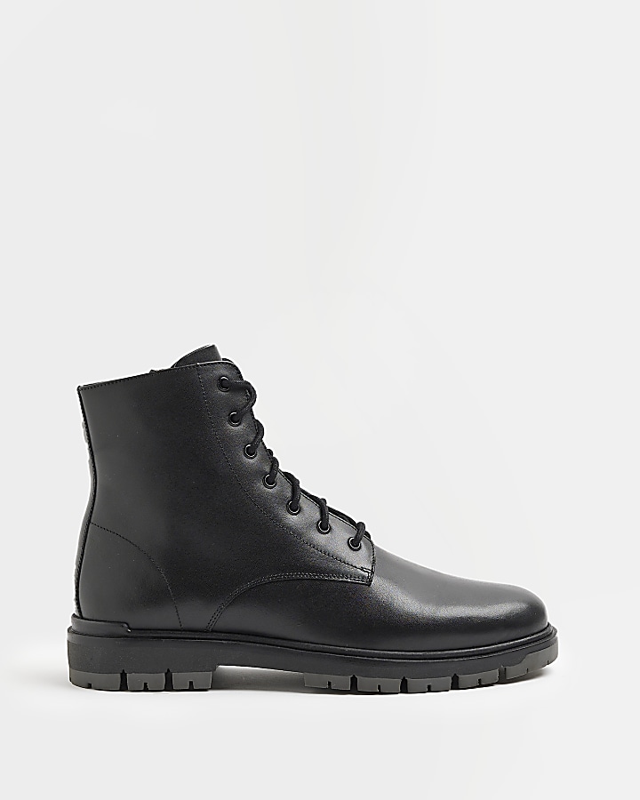 Black leather lace up ankle boots | River Island