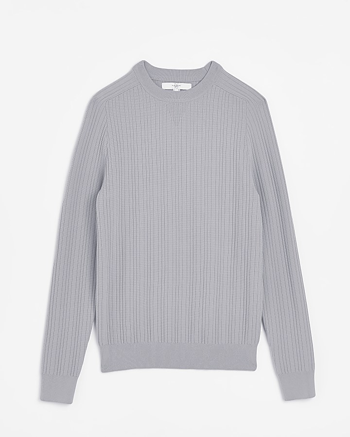 Grey Muscle fit Ribbed crew neck jumper | River Island
