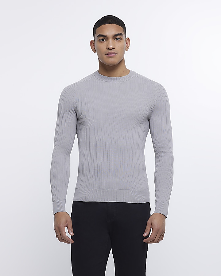 Muscle Fit Ribbed Crew Neck Sweater