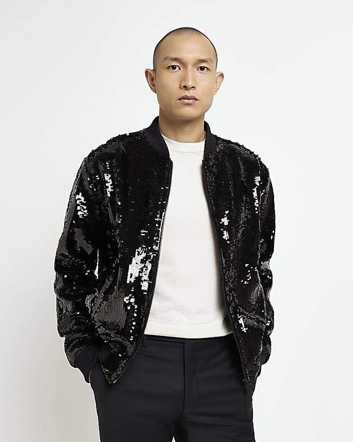 Black Regular fit Sequin Bomber jacket