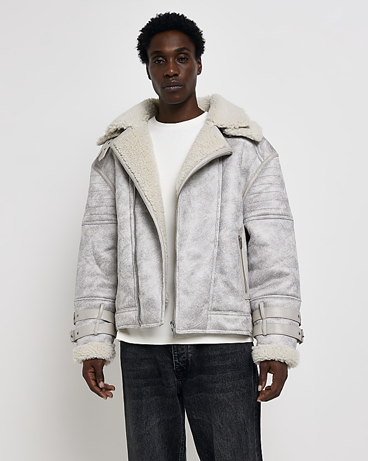 White regular fit shearling aviator jacket | River Island