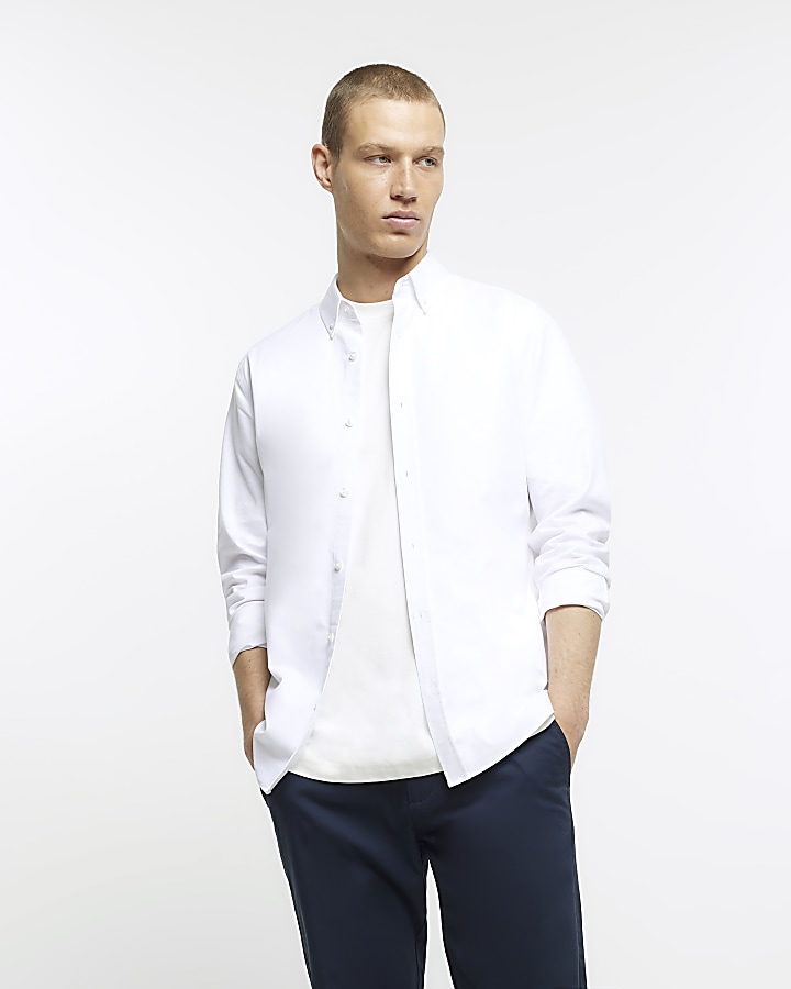 Button-Down Collar Stretch Washed Oxford Shirt - White