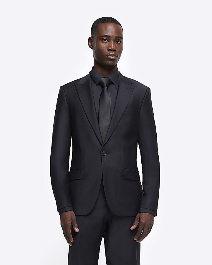 Black slim fit wool premium suit jacket