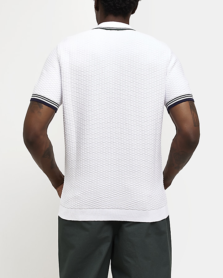 White slim fit textured tipped polo shirt