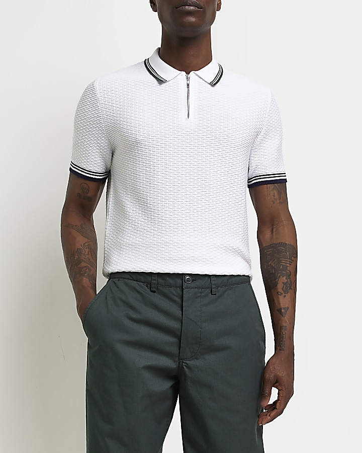 White slim fit textured tipped polo shirt