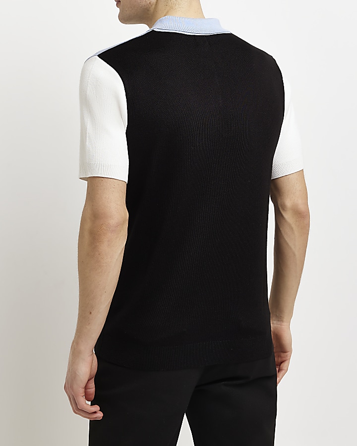 BlackSlim fit colour block knitted polo shirt | River Island
