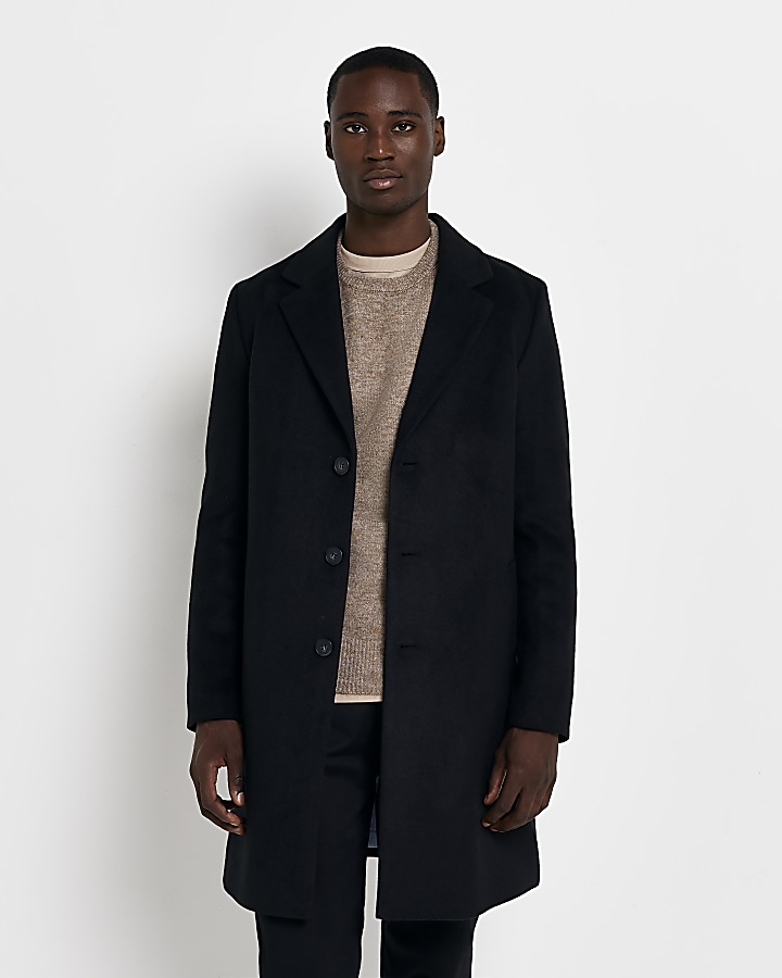 Black Regular fit wool blend Overcoat | River Island