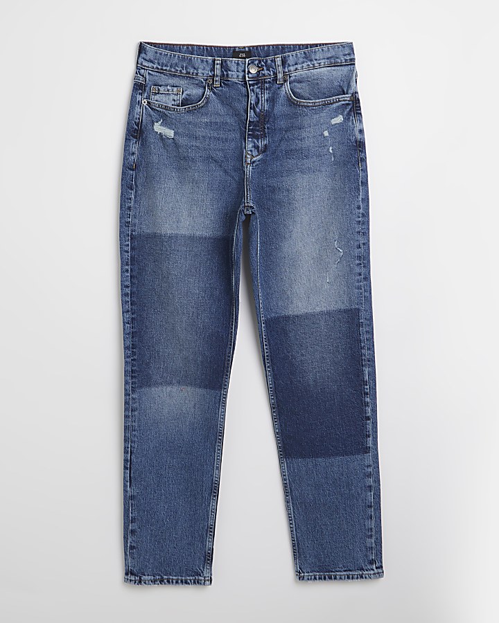 Blue Relaxed loose fit patchwork jeans River Island