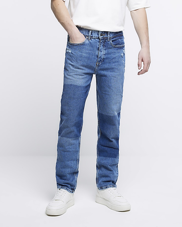 Blue Relaxed loose fit patchwork jeans River Island