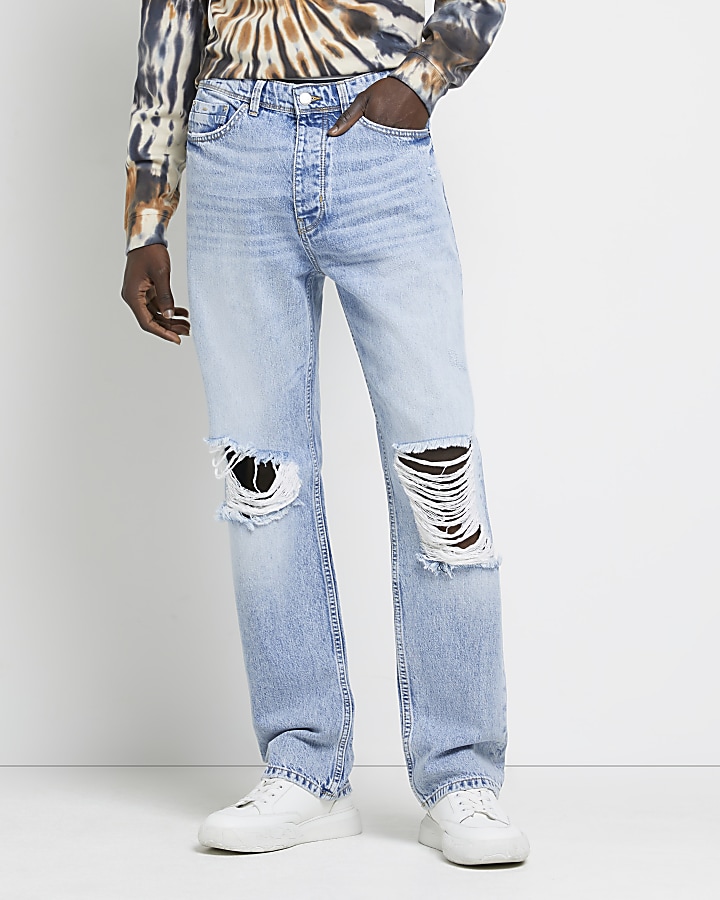 Blue baggy fit ripped jeans
