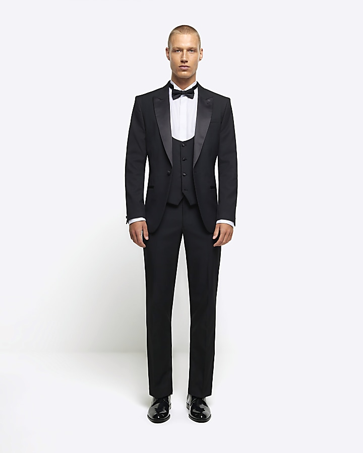 Black slim fit tuxedo suit trousers | River Island