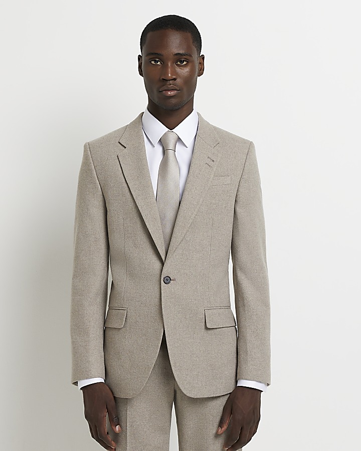 Beige slim fit flannel Suit Jacket | River Island