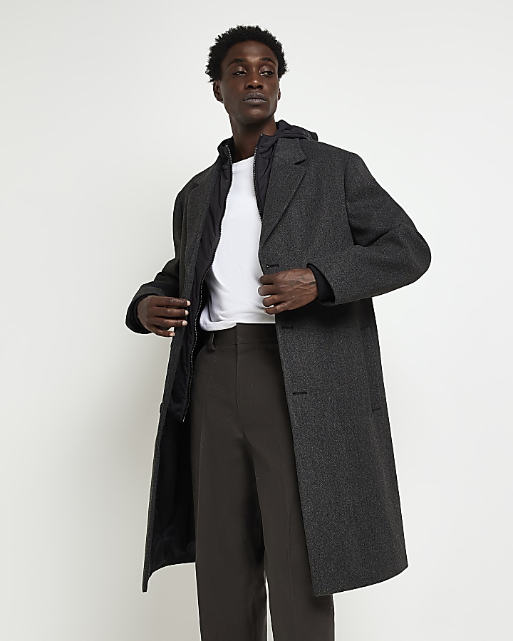 Grey regular fit wool blend hooded coat | River Island