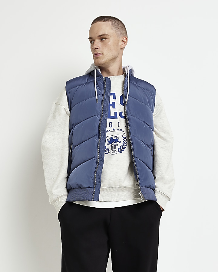Blue quilted removable hood gilet
