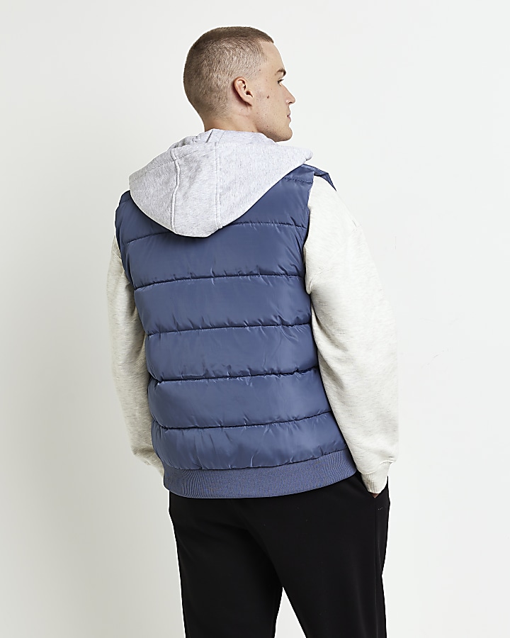 Blue quilted removable hood gilet