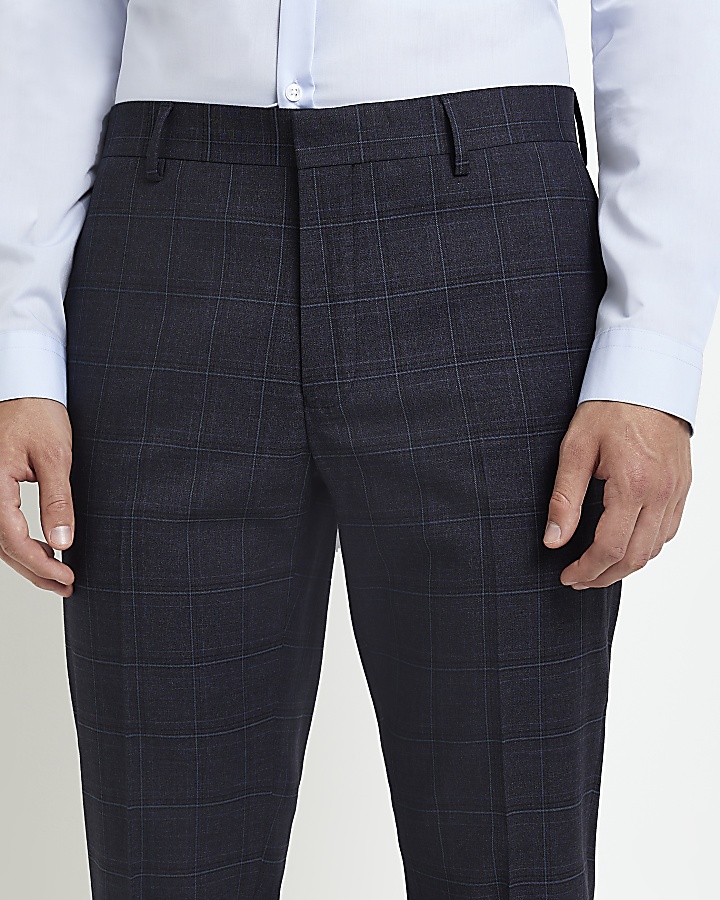 Navy slim fit check trousers | River Island