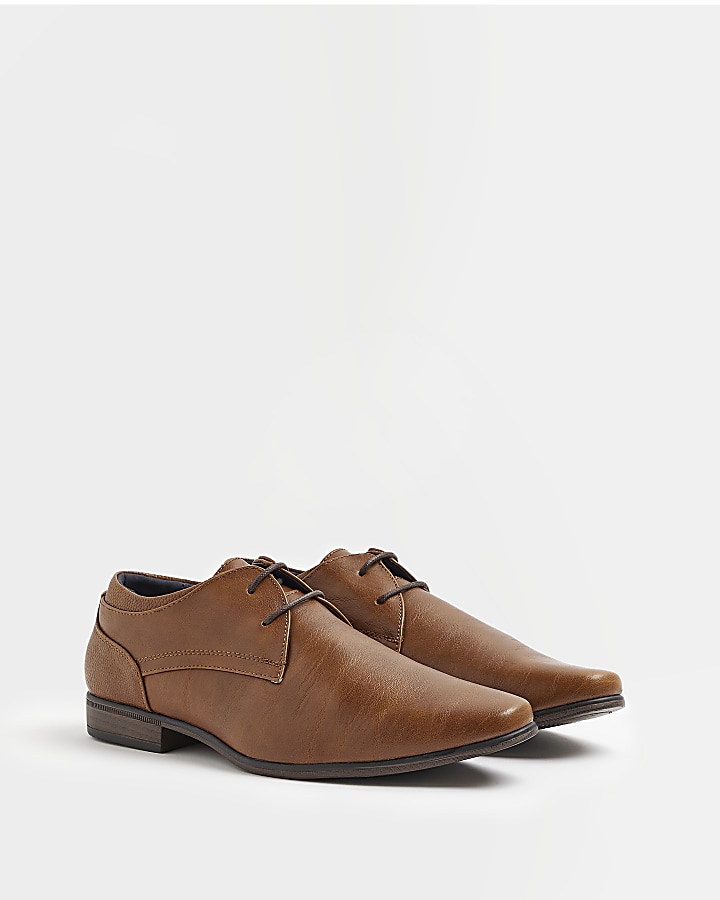 Brown wide fit faux leather derby shoes