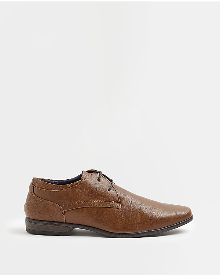 Brown wide fit faux leather derby shoes | River Island