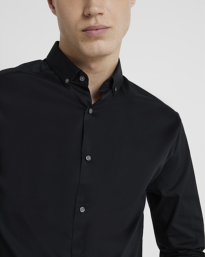Black muscle fit long sleeve shirt | River Island