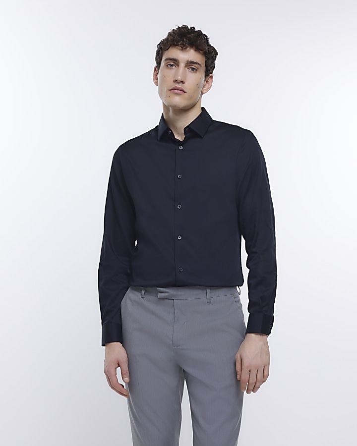 Black slim fit sateen long sleeve shirt | River Island