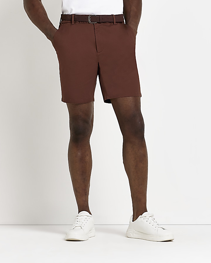 Brown Slim fit belted chino shorts