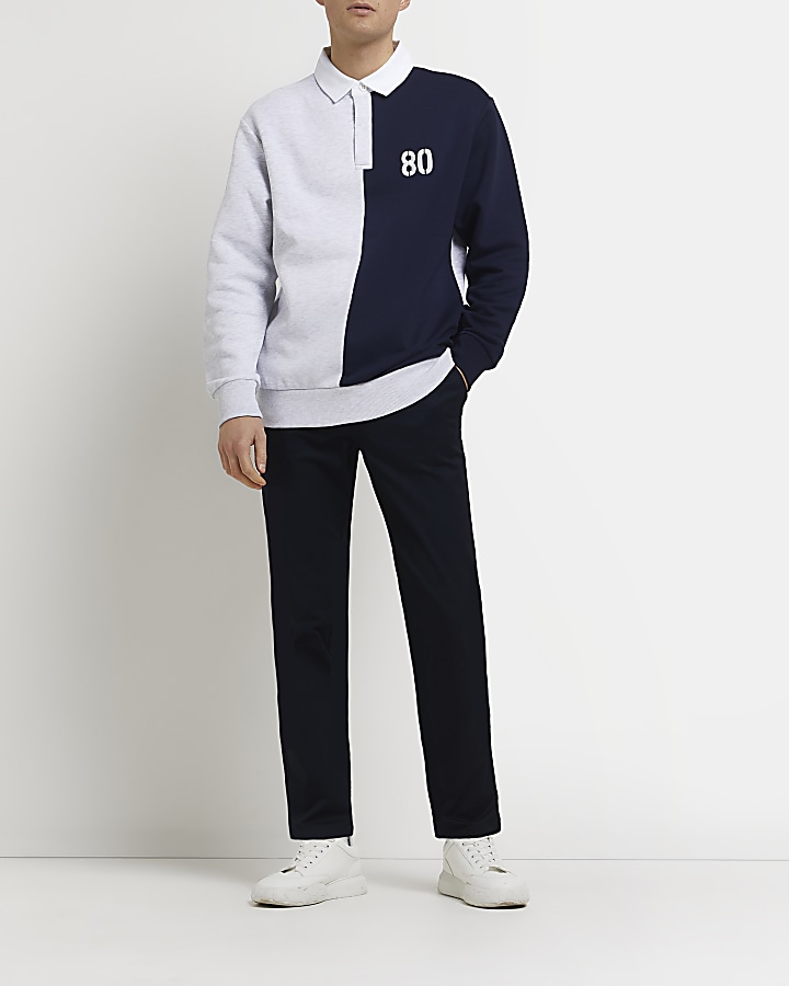 Navy slim fit colour block polo sweatshirt
