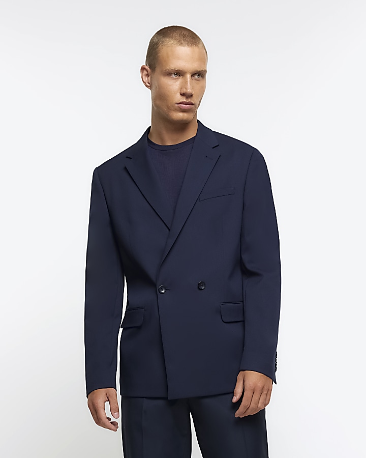 Navy Slim fit double breasted suit jacket | River Island