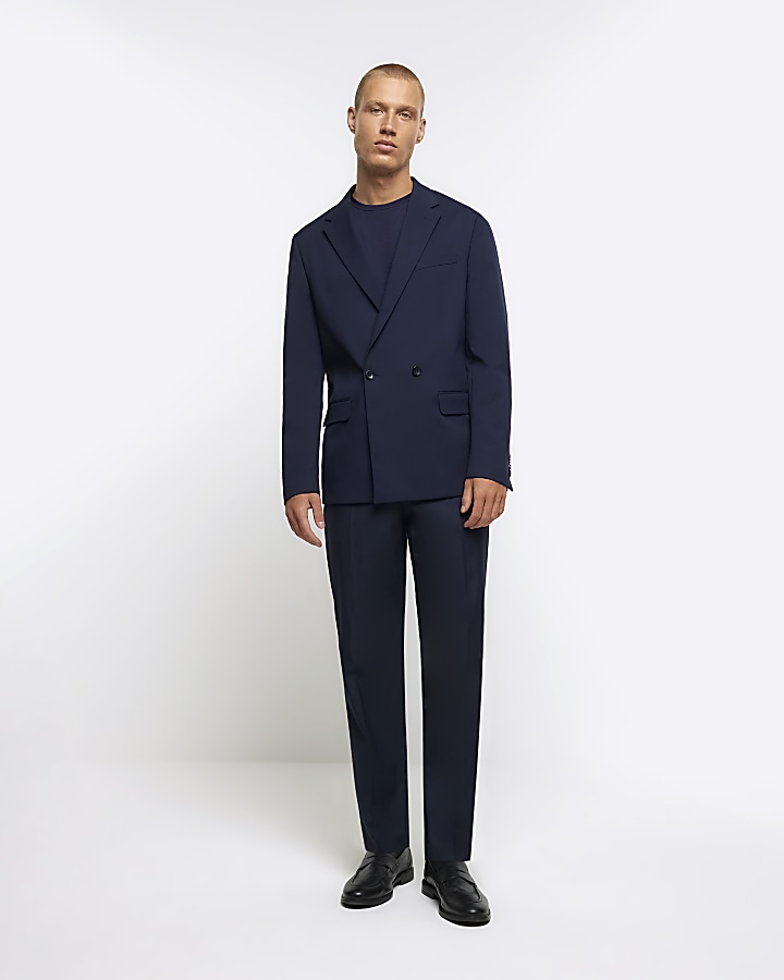 Navy Slim fit double breasted suit jacket | River Island
