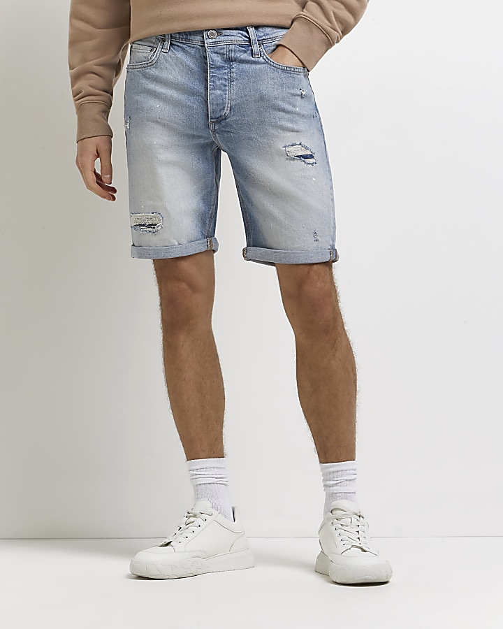 Blue slim fit ripped denim shorts | River Island