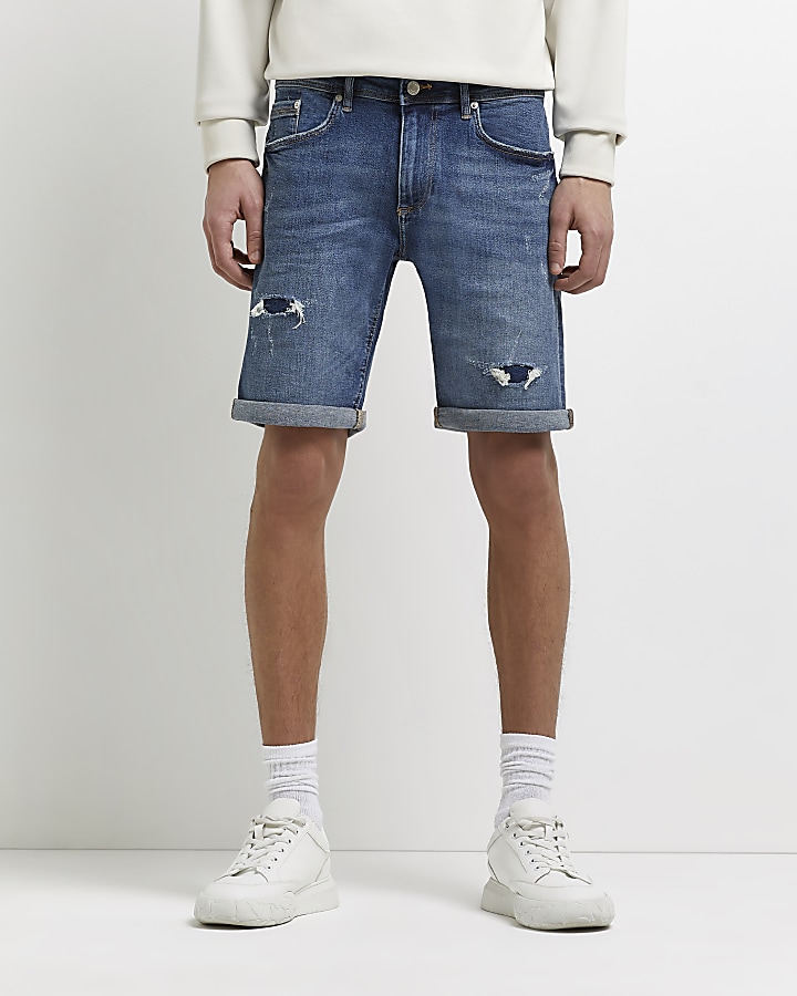 Blue ripped skinny fit denim shorts