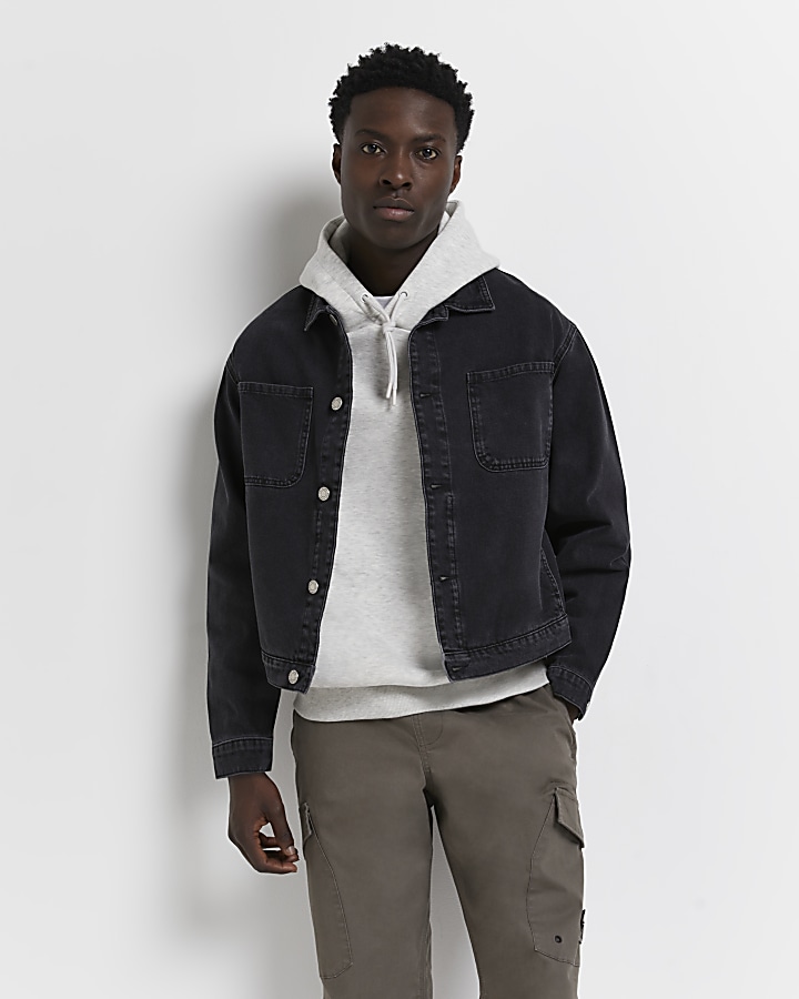 Black boxy fit chest pocket denim jacket River Island