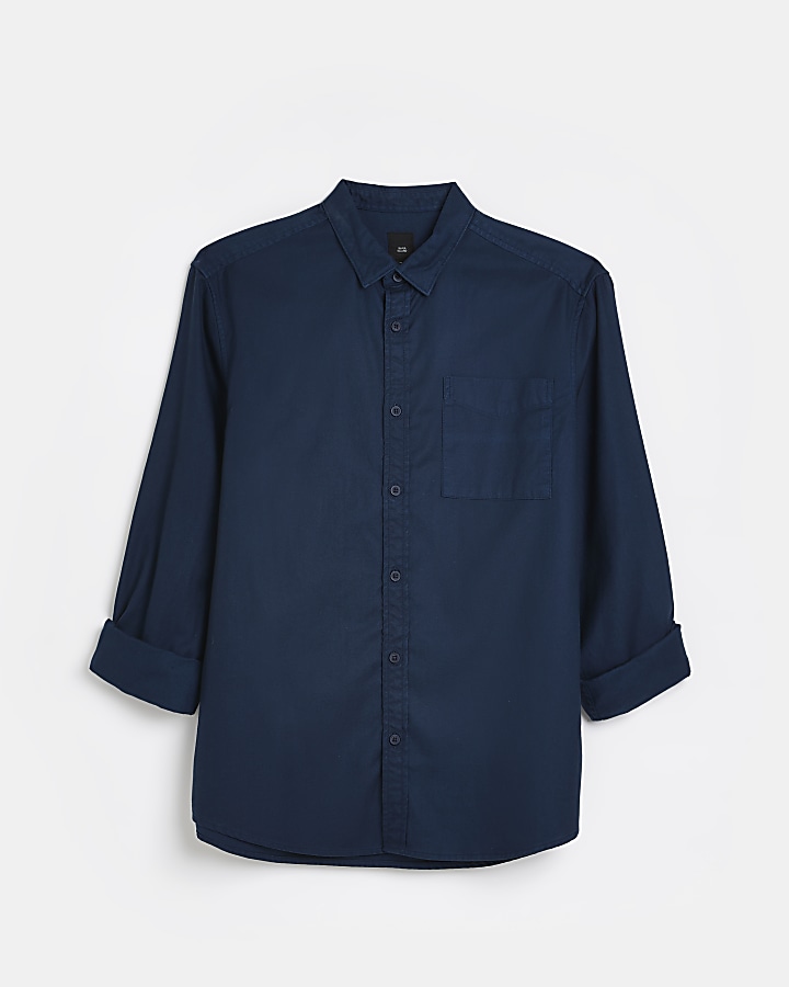Navy regular fit twill lyocell shirt | River Island