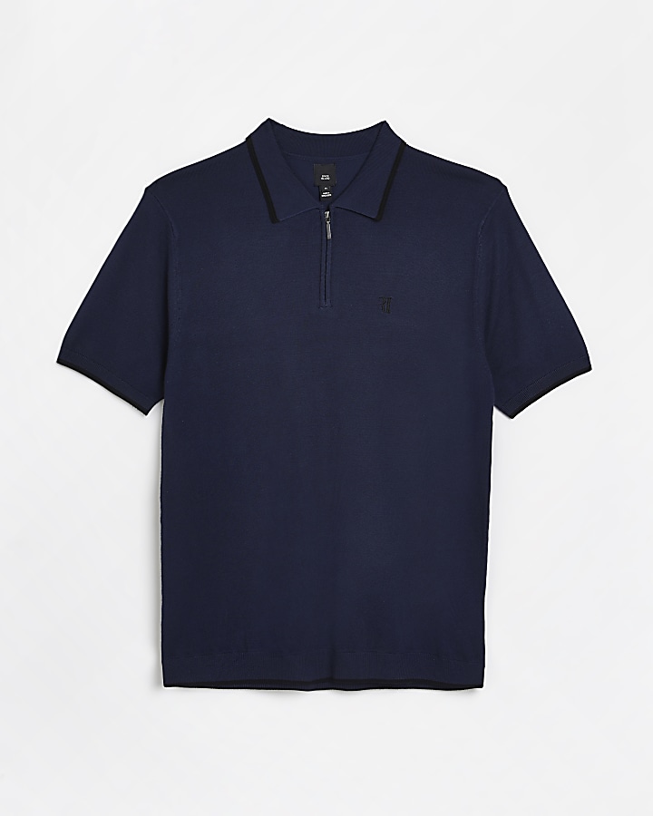 Navy slim fit knitted polo shirt | River Island
