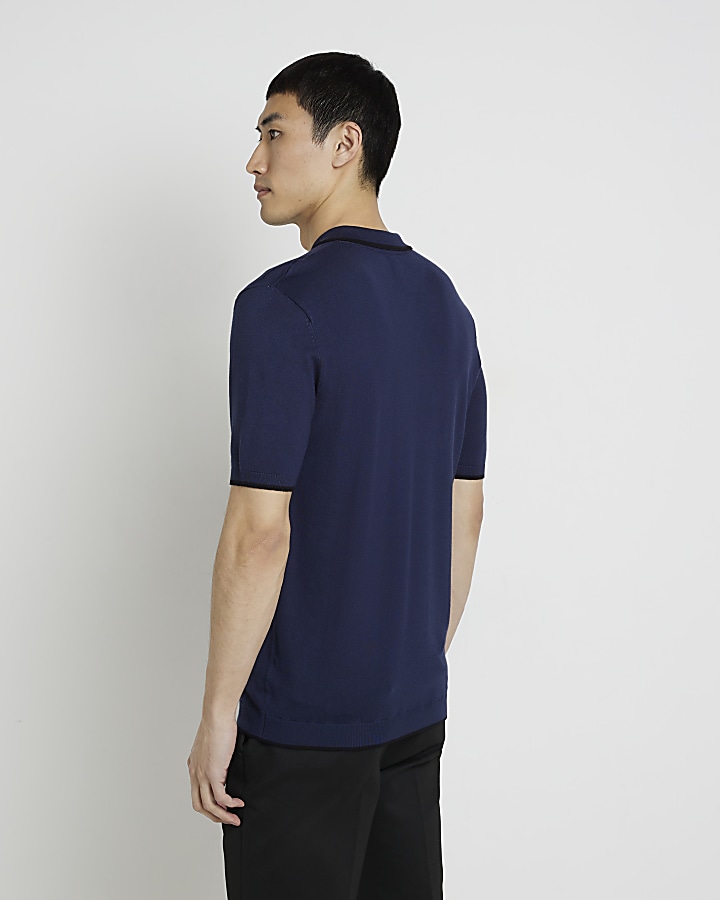 Navy slim fit knitted polo shirt