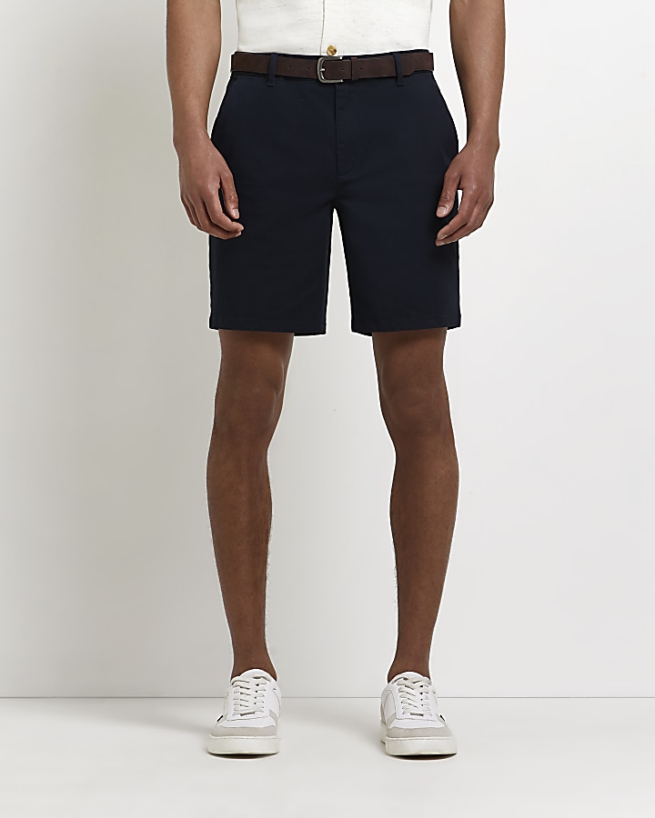 Navy slim fit belted chino shorts