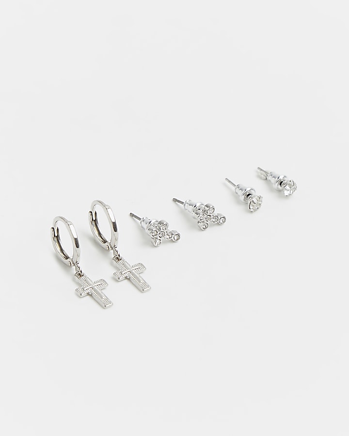 Silver colour diamante cross earrings 3 pack
