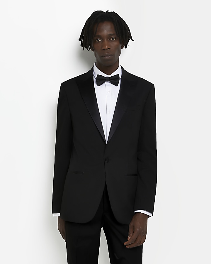 Black slim fit tuxedo suit jacket | River Island