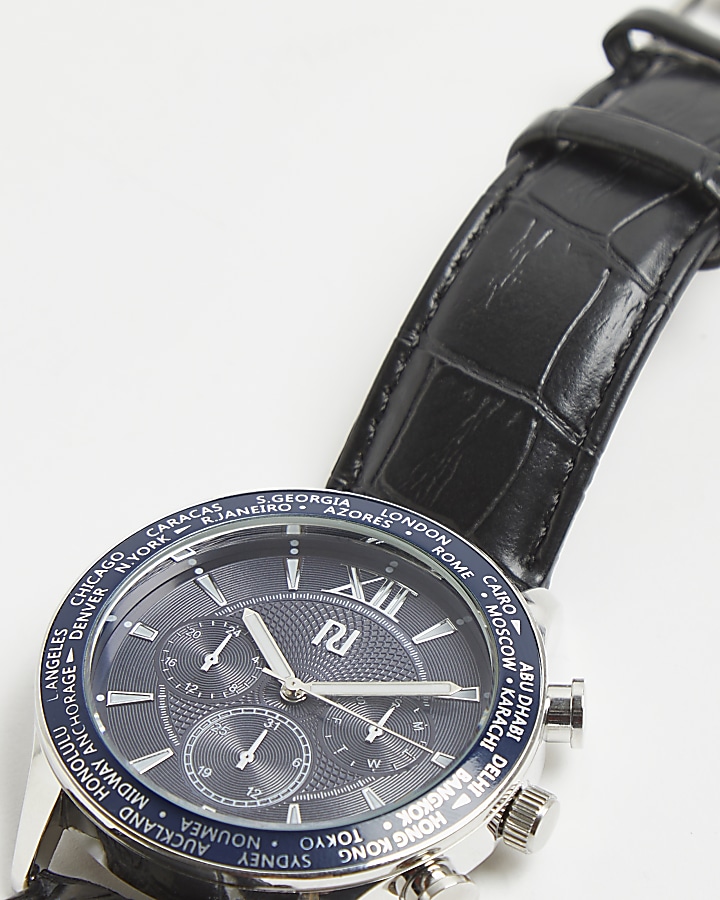 Black and blue RI branded croc strap watch