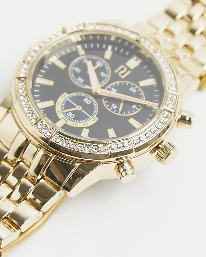 Gold colour RI diamante link strap watch