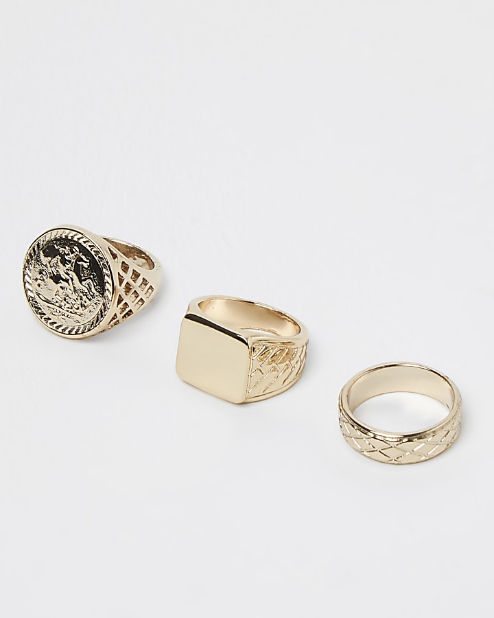 Gold colour chunky signet multipack rings