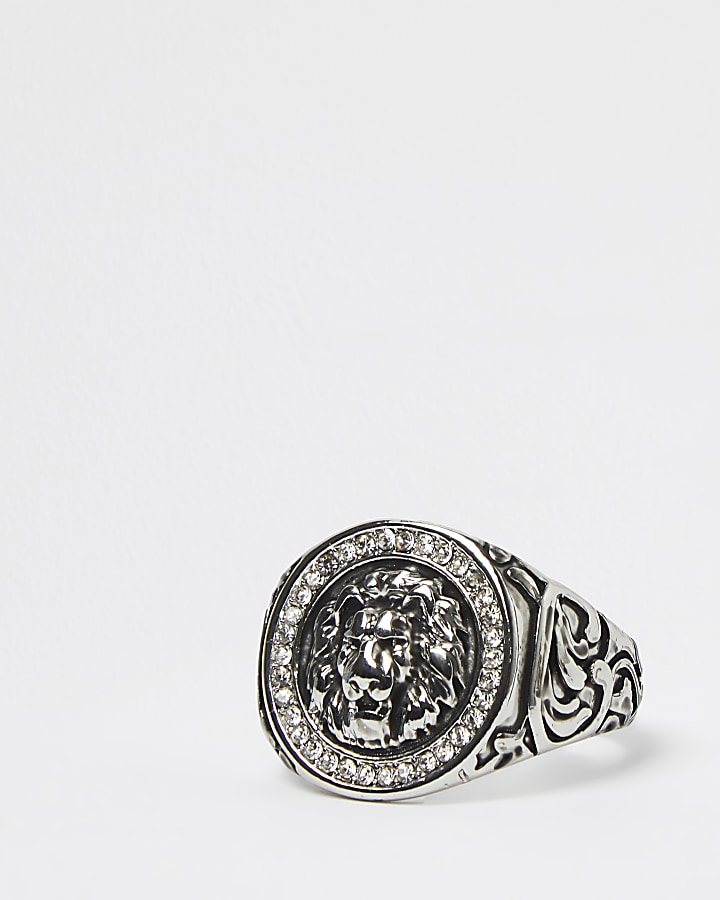Silver colour lion embossed ring