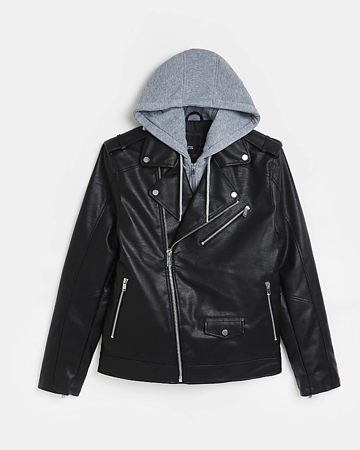 Black hood insert faux leather biker jacket